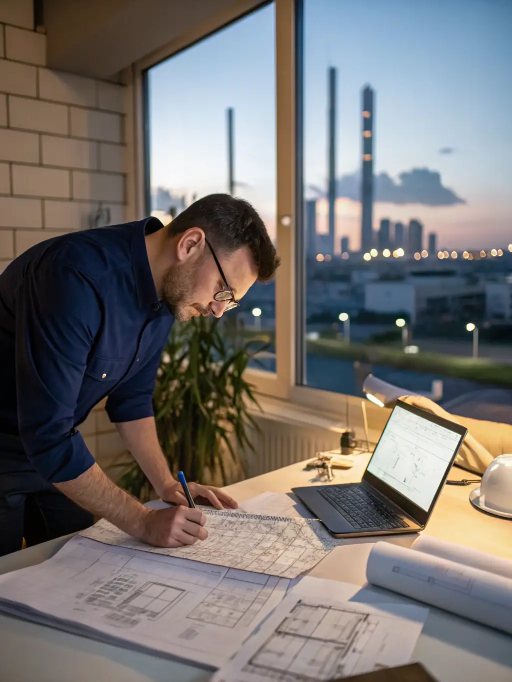 An engineer reviewing water treatment system blueprints with a client in a modern office setting, emphasizing the customized design services offered by Weiliya.