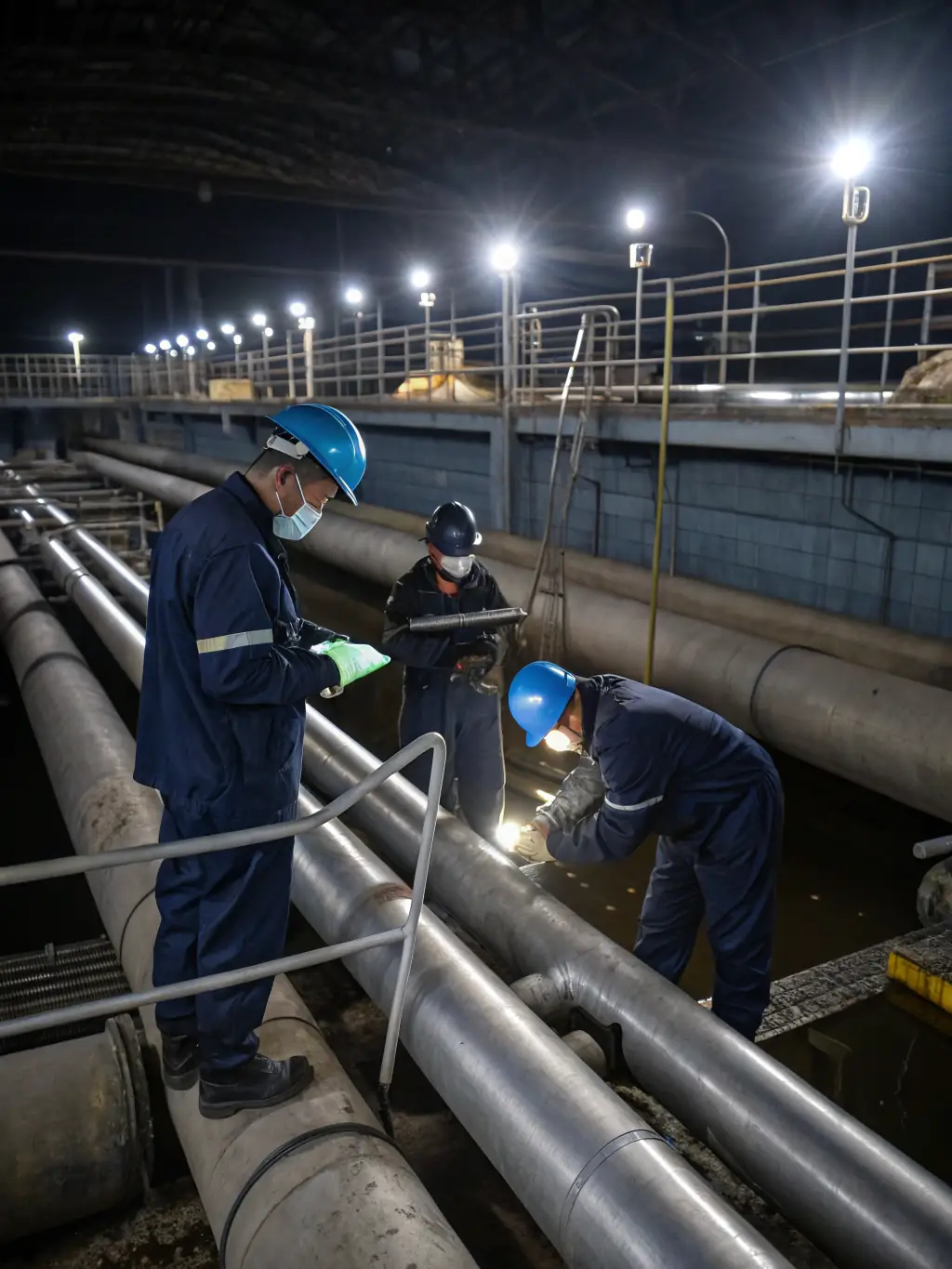 Technicians installing water treatment equipment in a commercial facility, highlighting Weiliya's installation and maintenance services.