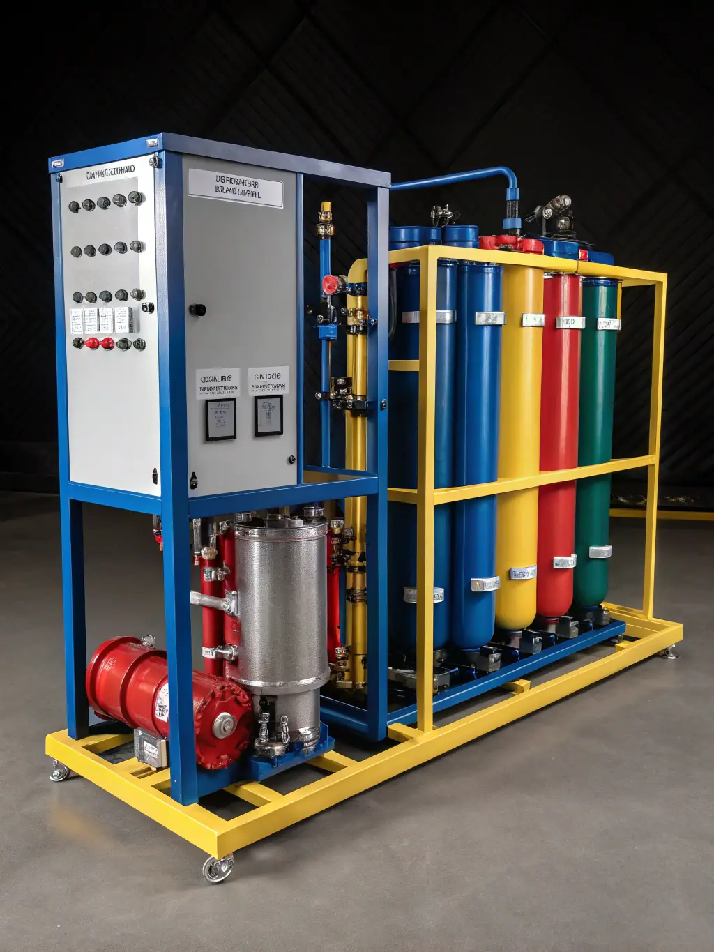 A modern water treatment system design schematic, showcasing the integration of various filtration and purification technologies, set against a backdrop of a bustling industrial facility.