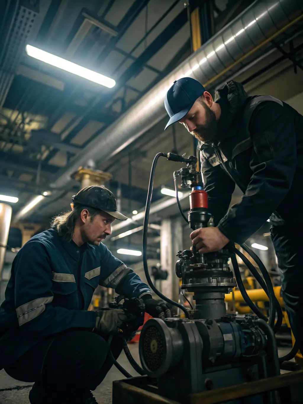 A team of Weiliya technicians installing a complex water treatment system in a commercial building, with visible pipes, valves, and control panels.